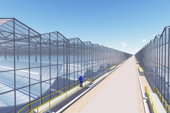 A rendering of the 36 glass modules containing the solar-powered steam flooding system being built in Oman.
