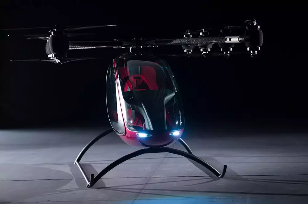 The Passenger Drone is built from carbon fiber composites and features a total of 16 rotors