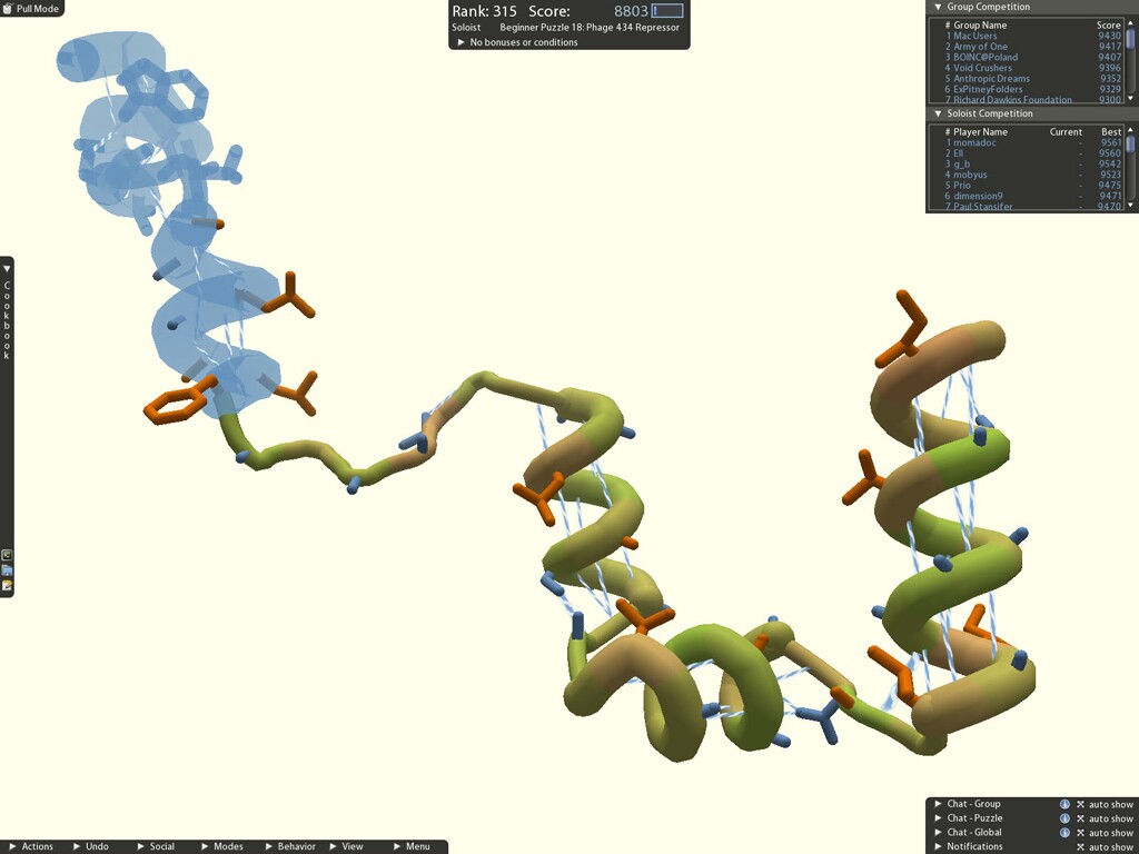 Foldit players have control over which parts of the protein they want to move - in this picture, a player has frozen some curly helices, which keeps them in place while they adjust the rest of the protein