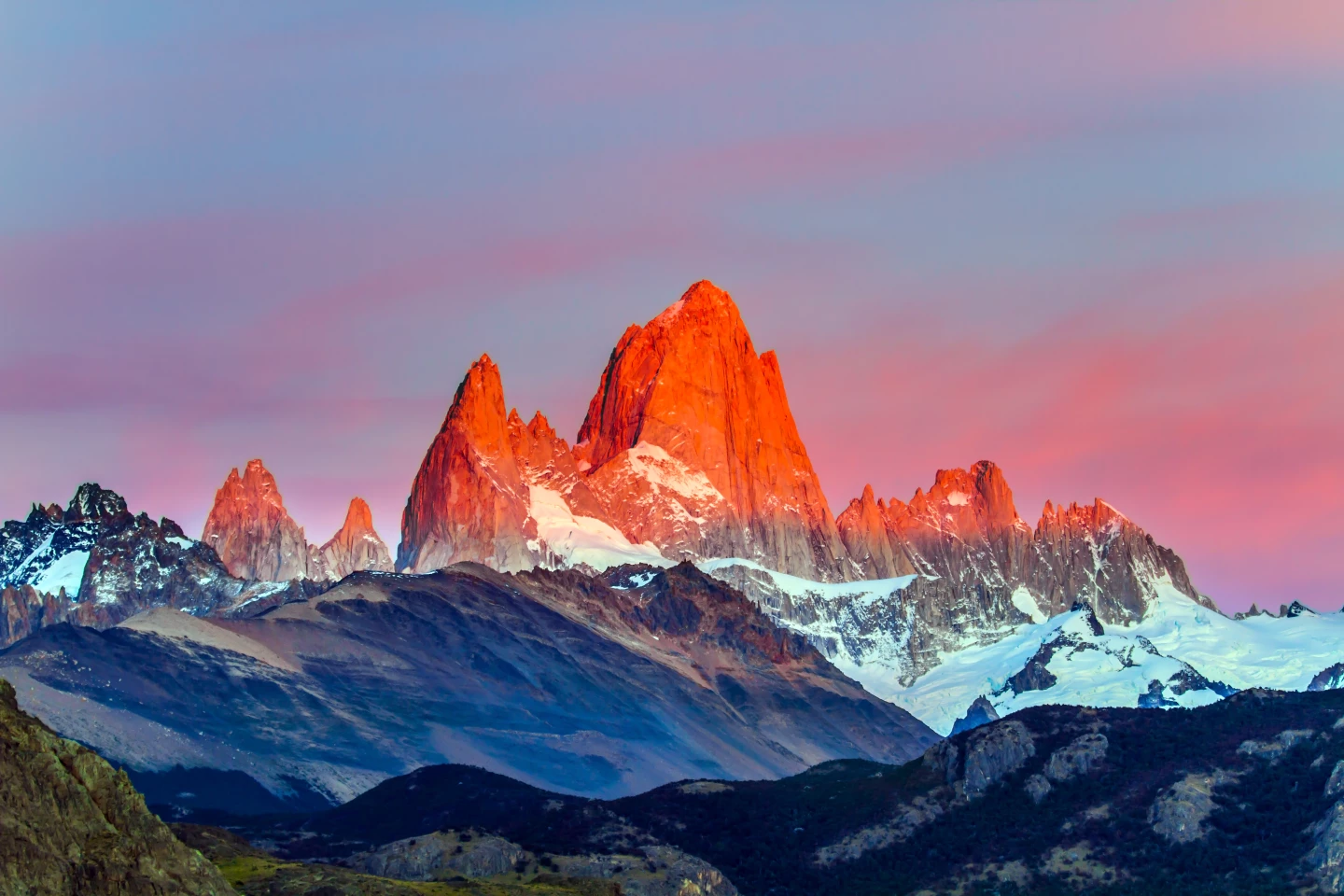 Real alpenglow paints a fire-and-ice picture on Fitzroy Mountain, Patagonia