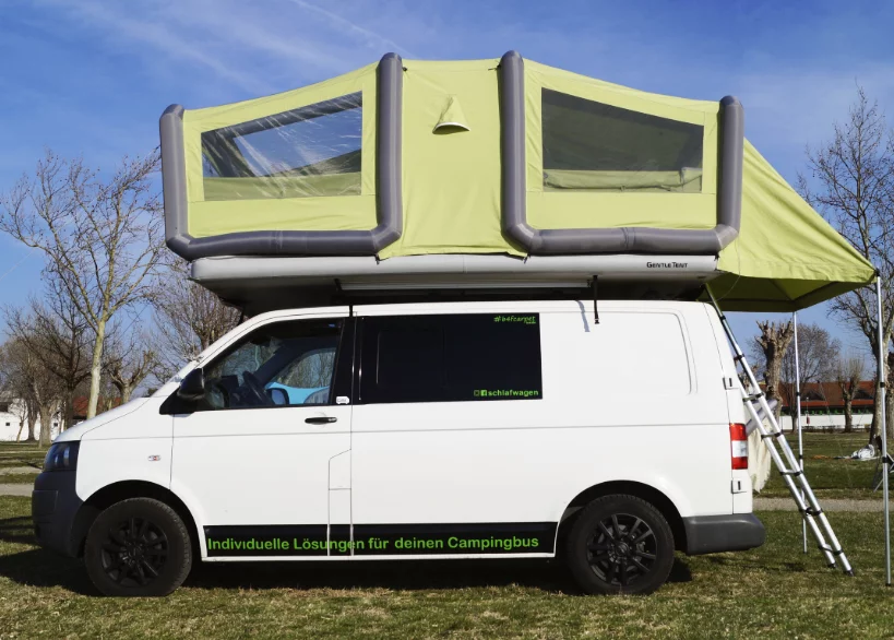 This inflatable tent won't fit on compact but is deigned to ride atop larger vehicles like SUVs and vans and requires at least three or four cross bars when mounted lengthwise