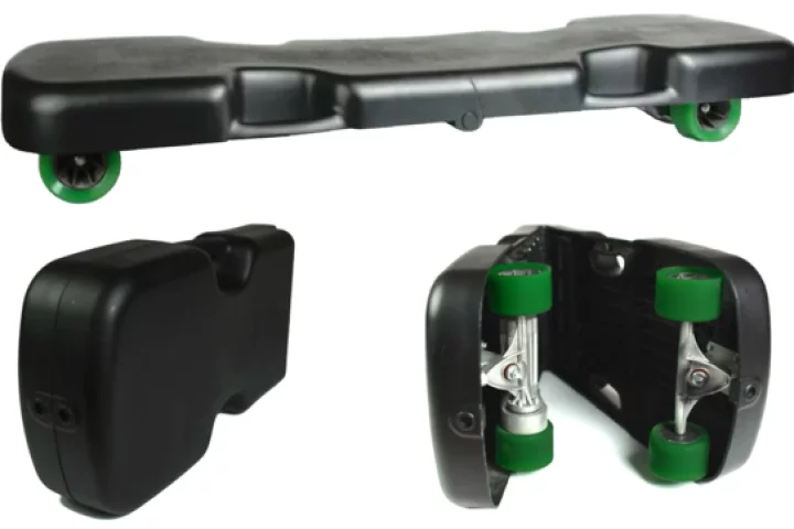The Caseboard is an electric skateboard that folds in half for carrying like a briefcase when not rolling about