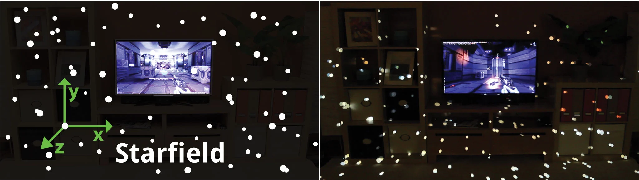 IllumiRoom can also set the visuals to appear differently from those on the TV, so only certain elements (edges of buildings, bullets, explosions, power-ups, etc.) are shown to give a distinctive style