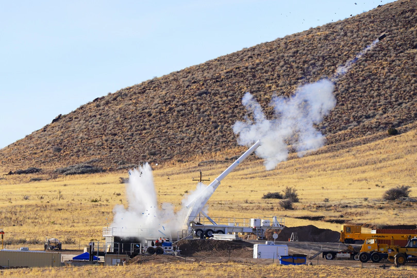 The test fire of the mock warhead showing the reaction mass being ejected
