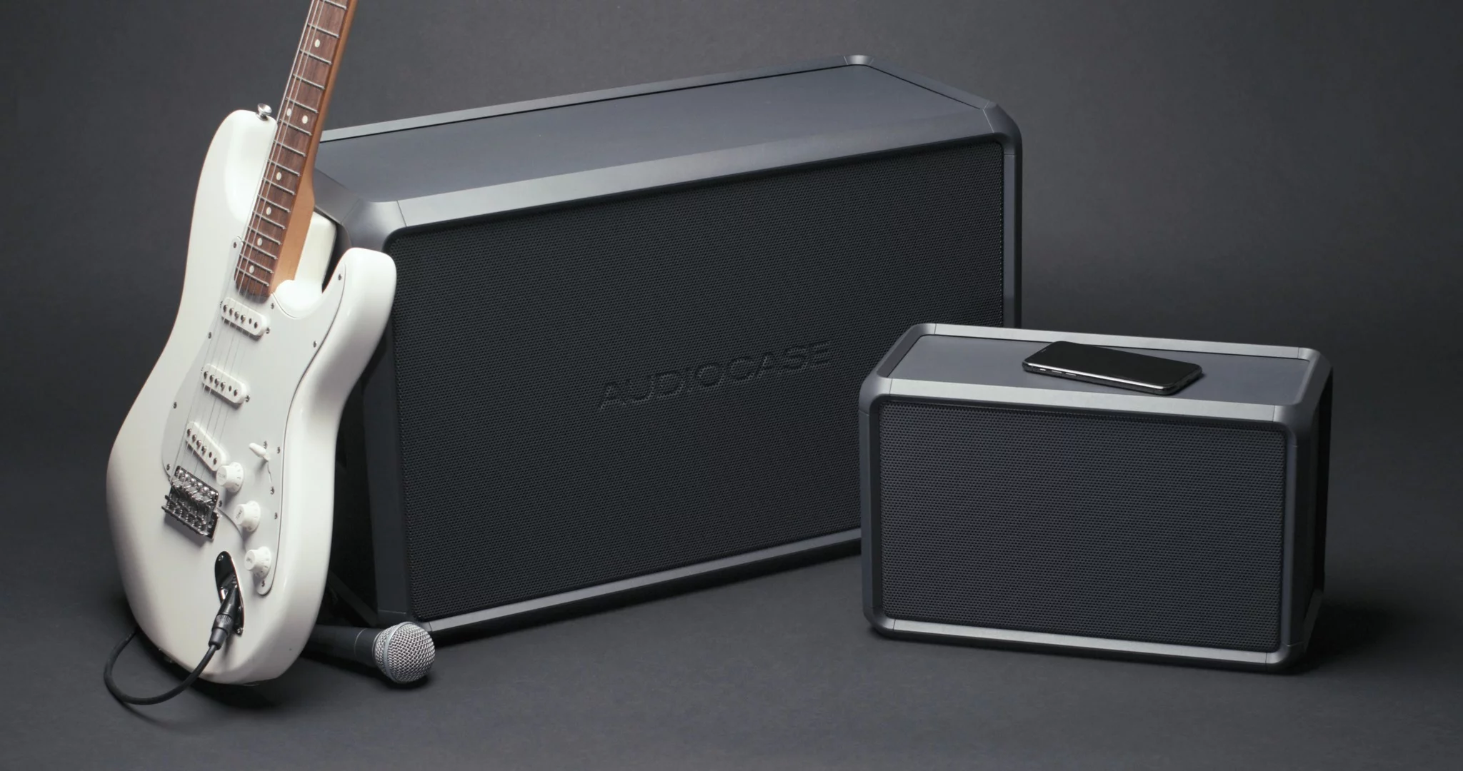 The Audiocase can be used as a Bluetooth speaker, battery powered guitar amp with reverb or a stackable PA system