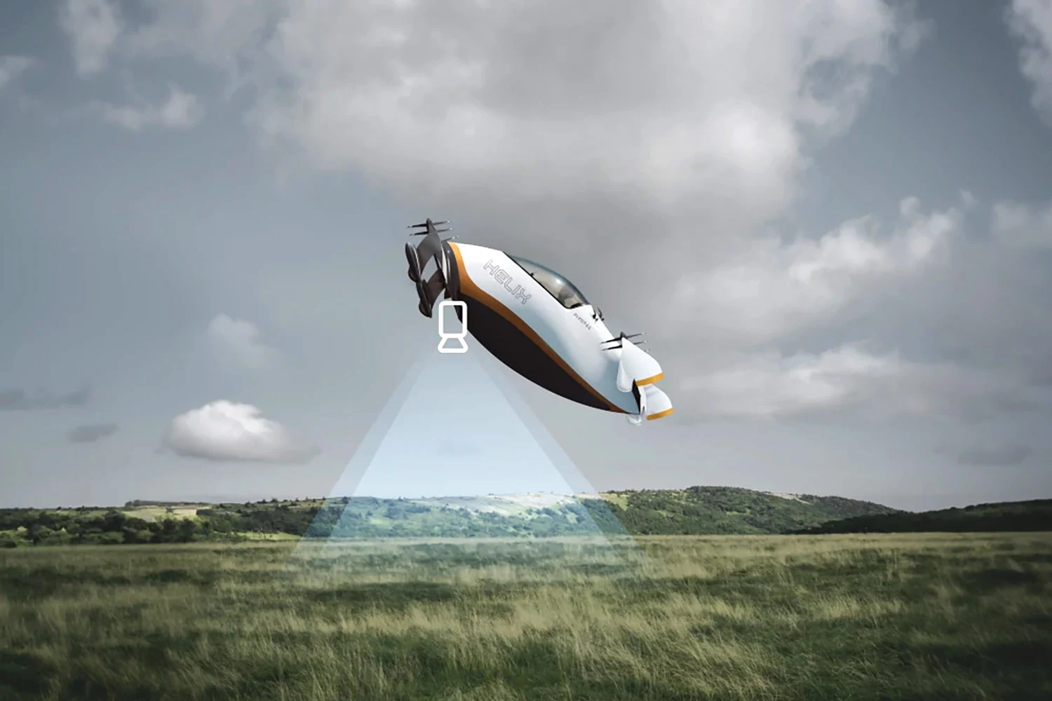 The Pivotal Helix takes off, hovers and lands in this position, with a downward-facing camera enabling the pilot to see below when landing.