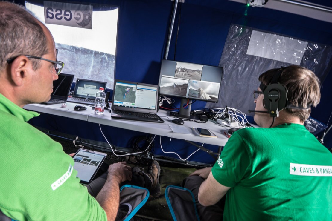 Matteo Massironi, geology professor of structural and planetary geology and ESA research fellow Samuel Payler interacting with the crew in Lanzarote during the Pangaea-X campaign in November 2018