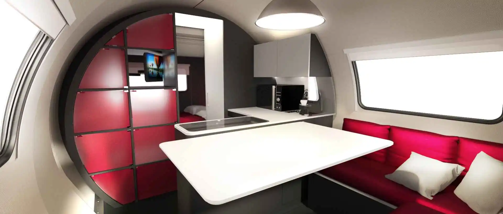 The telescopic design creates a fully equipped interior with kitchen, bathroom, bedroom and living area