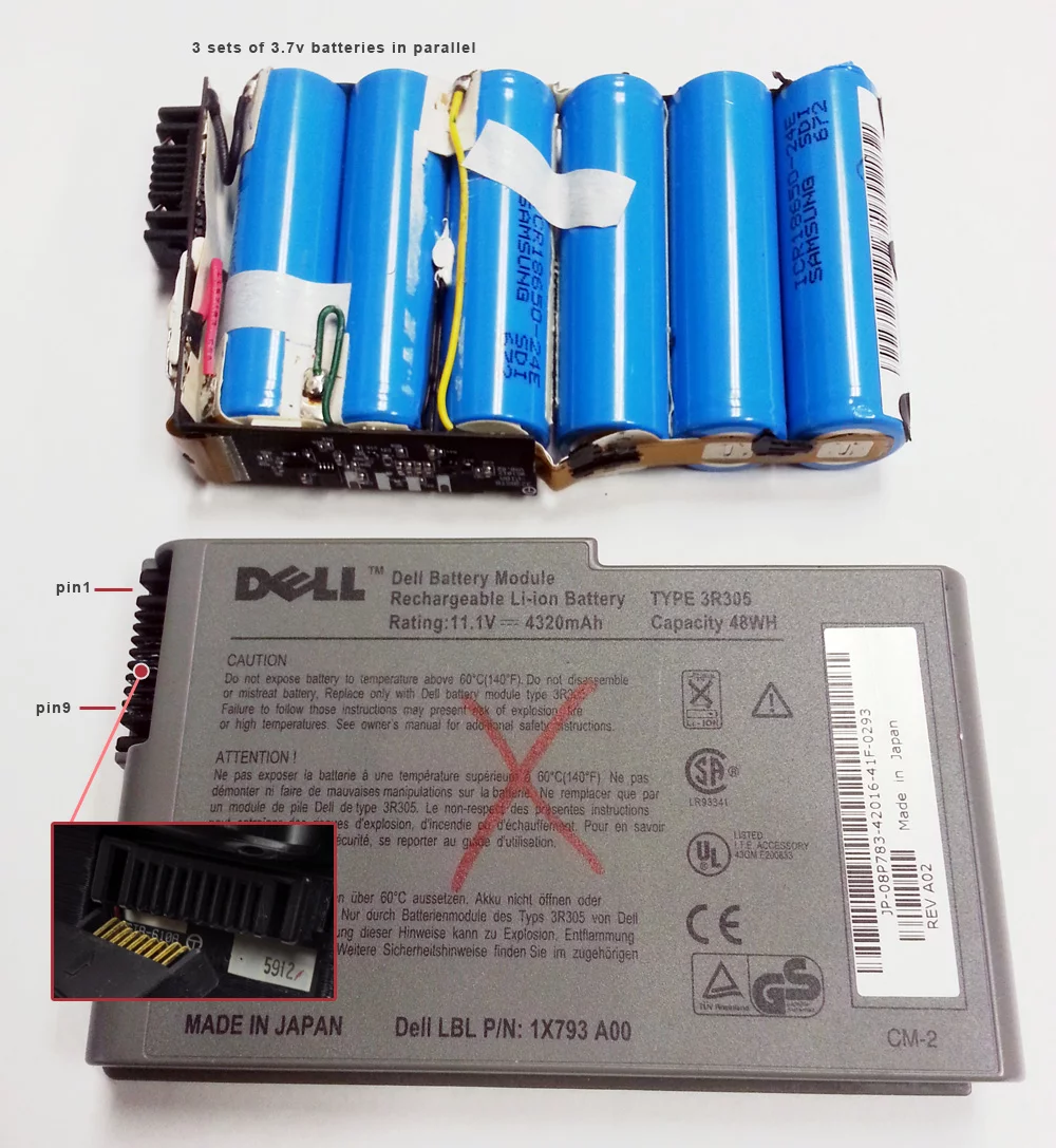 The 6-cell Li-ion battery pack was donated from a Dell Latitude D600 laptop