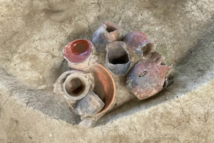 Some of the pottery discovered in the platform mound at the Qiaotou site that has been found to have once contained an early beer-like drink