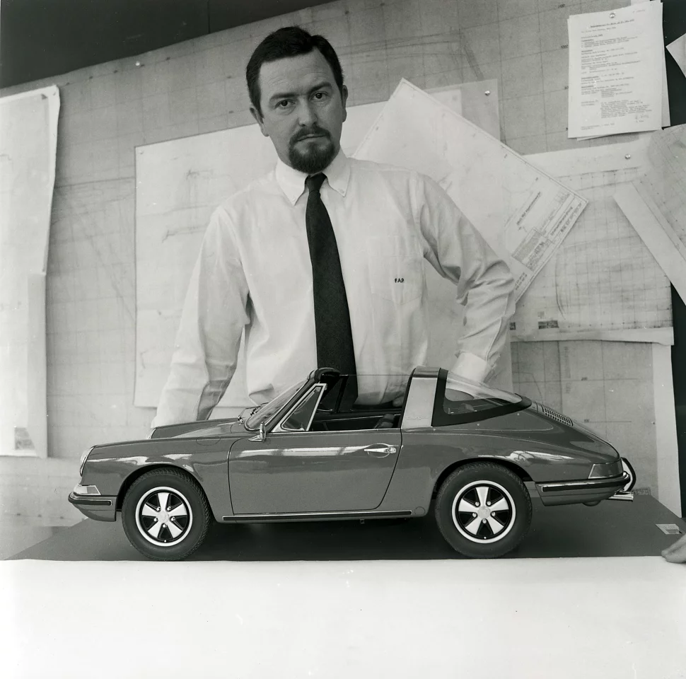 Ferdinand Alexander Porsche with a replica of the 911