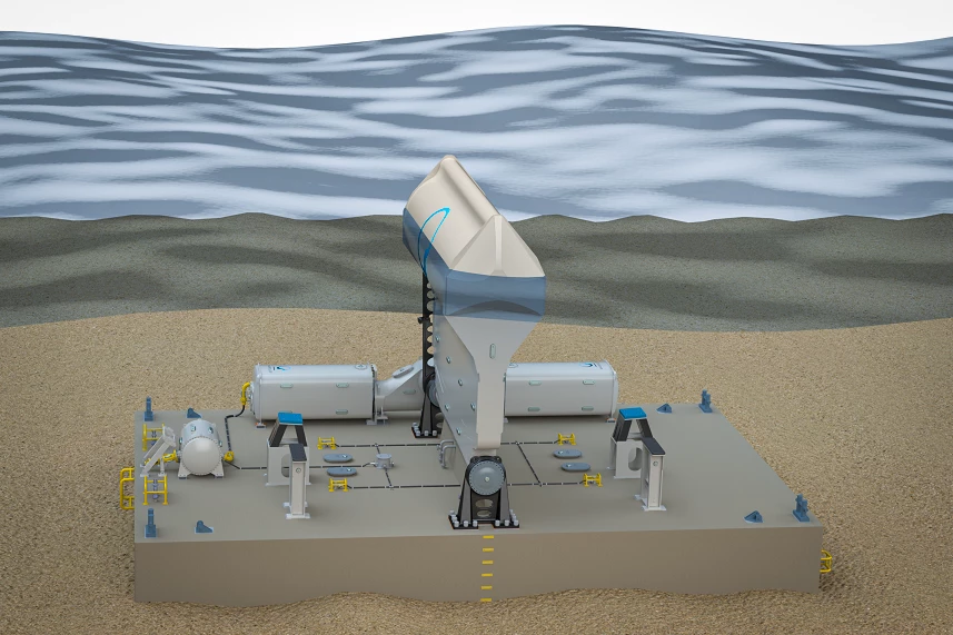 The WaveRoller sits on the sea floor, partially or fully submerged, harnessing the surge effect caused by waves as they approach the shore