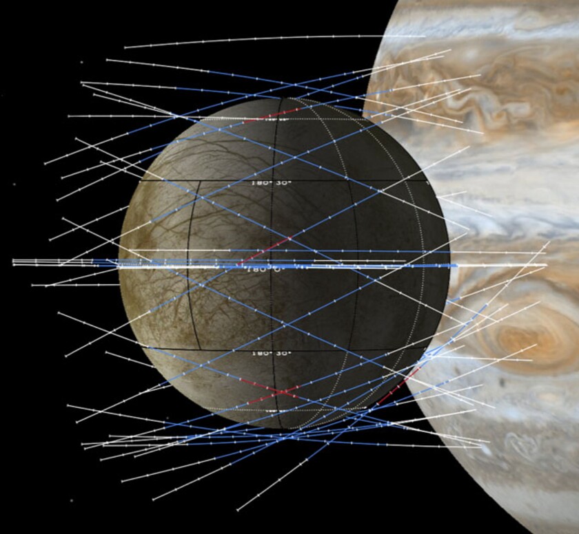 Possible flyby paths of the Europa Clipper (Image: NASA/JPL-Caltech)