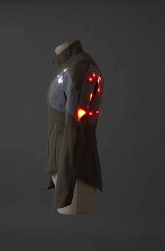 One mode, with white light on the jacket's front panels and red light to the red, is clearly envisaged for road cycling