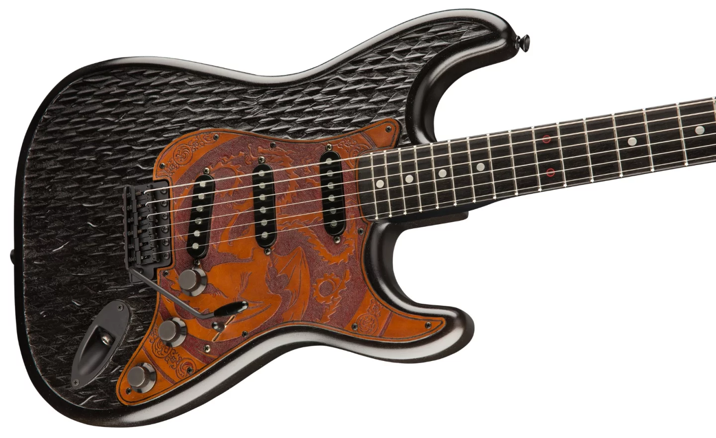The Game of Thrones House Targaryen Stratocaster features an alder body with carved dragon scales front and back