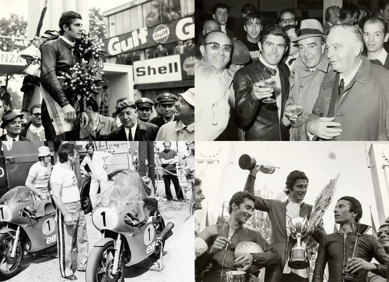 MV Agusta was unstoppable at the height of its power. On several occasions, after accumulating enough points to win the title with several races to spare, Agostini and MV Agusta would sit out the last few races of the season so that other riders and marques could enjoy the top step of the podium. That's the Count in the image at top right, enjoying a glass of victory bubbly with Giacomo Agostini.