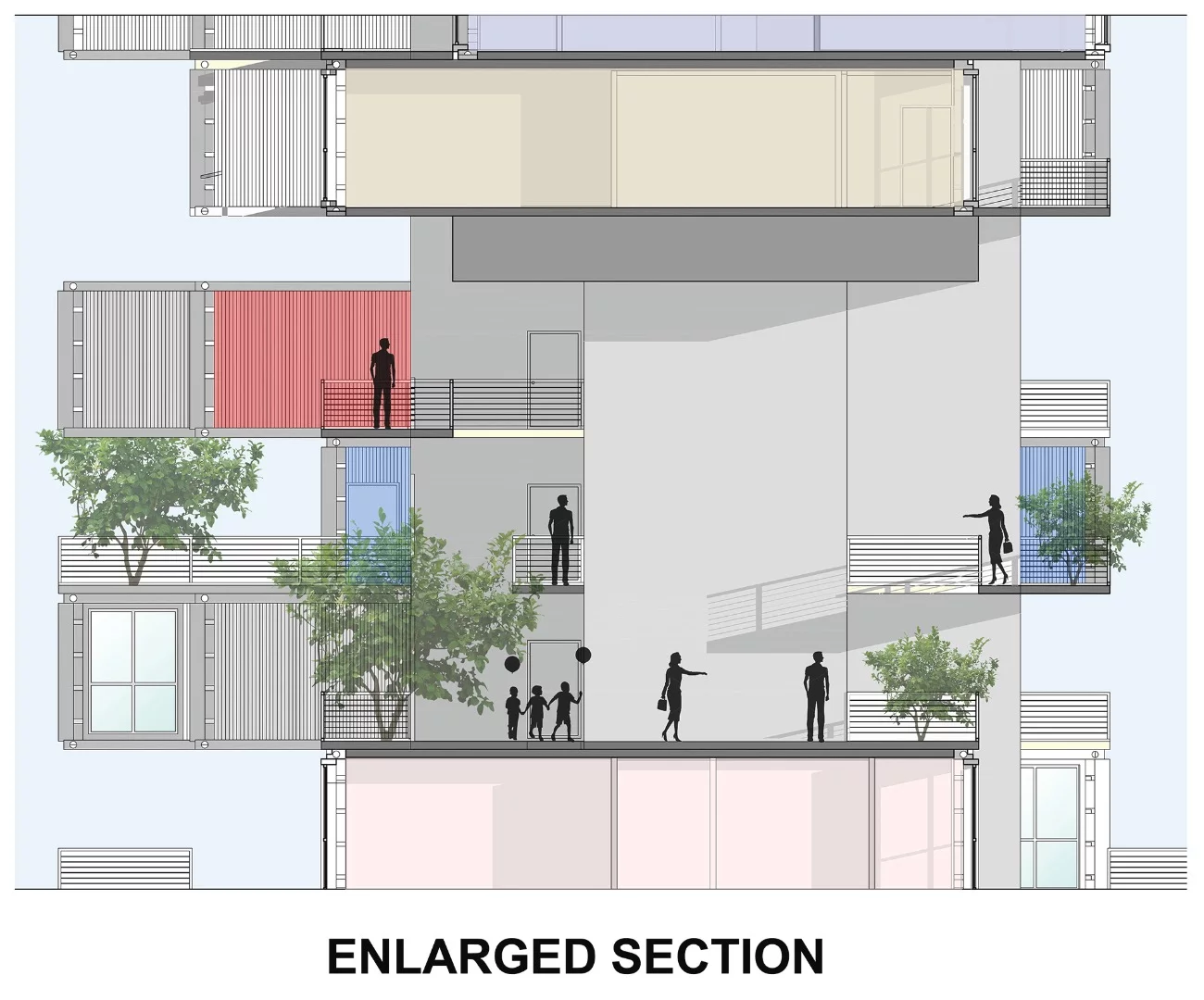 The interior is spacious and each apartment comprises three containers joined together