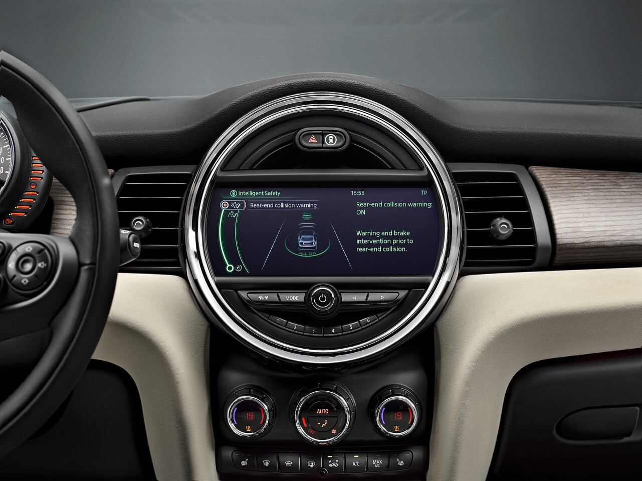 Rear-end collision warning with city braking function