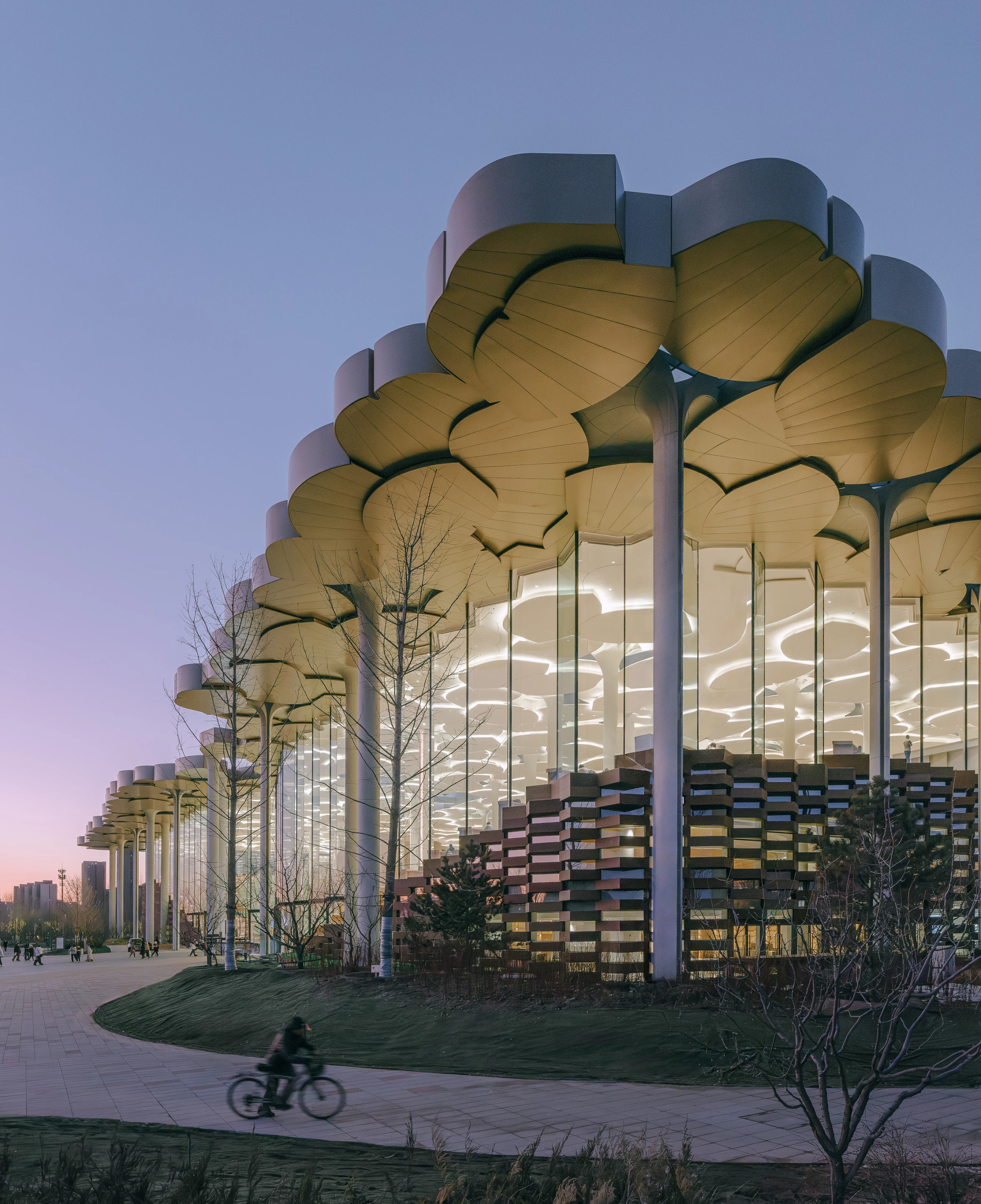 The Beijing City Library's tree-like columns incorporate rainwater collection systems and solar panels