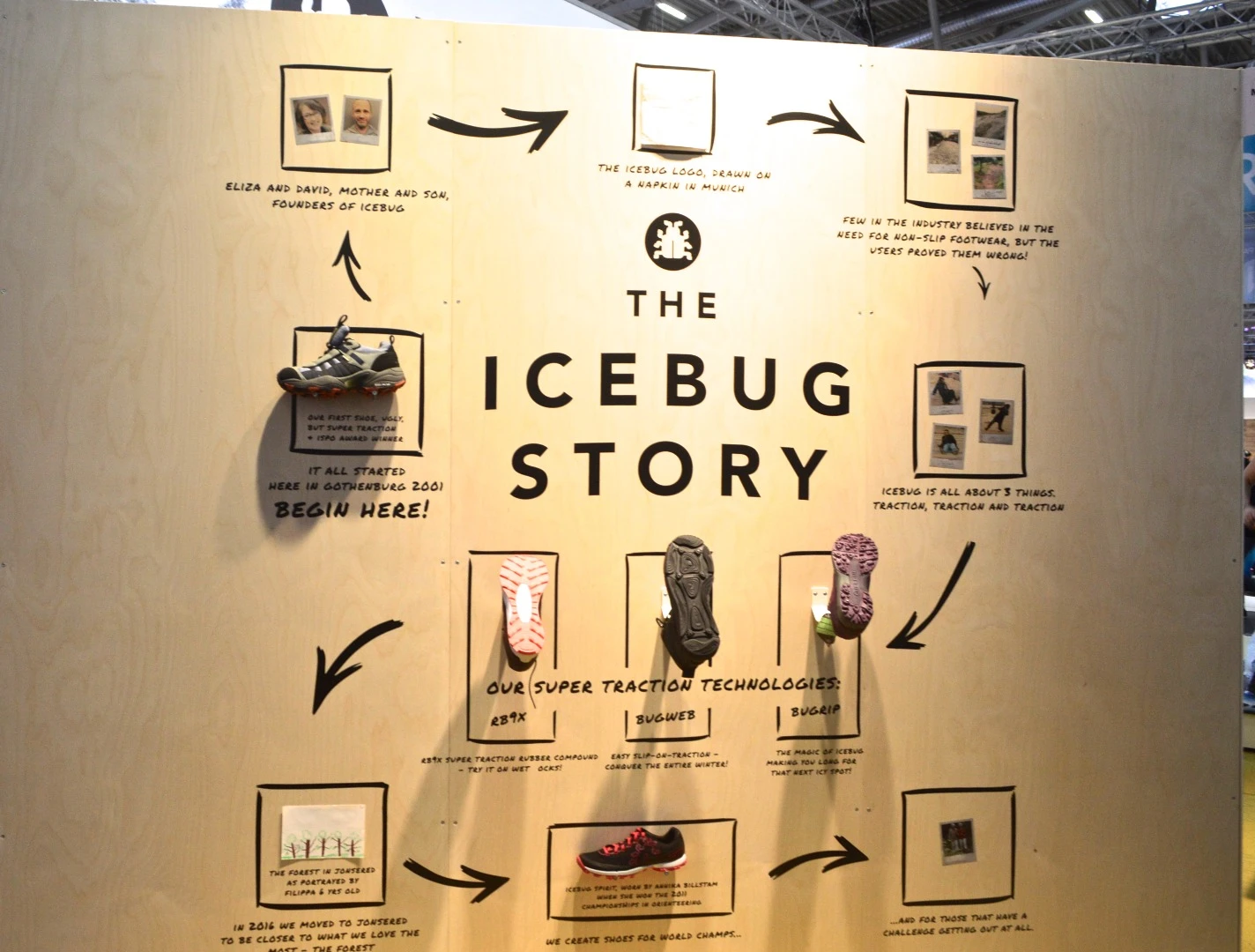 Swedish company Icebug shows off its history of developing high-traction winter footwear, which comes with or without integrated carbide spikes