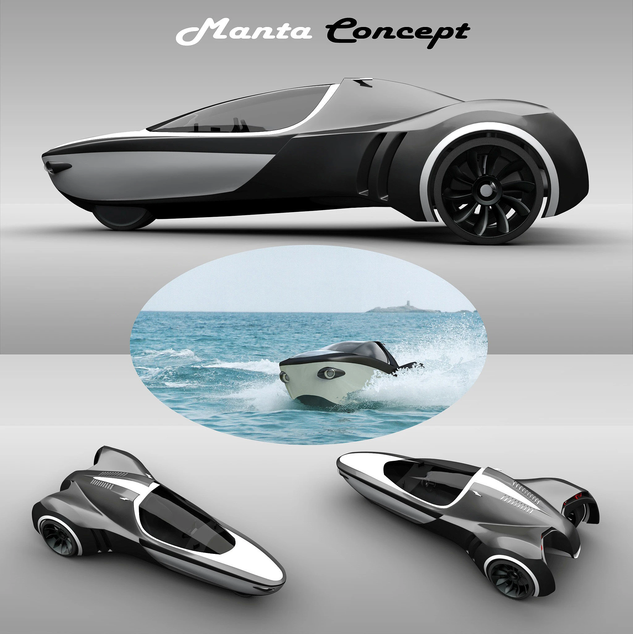 The Manta three-wheeler amphibious concept vehicle has an electric motor on each of the rear wheels, which can be rotated 90 degrees to provide propulsion in water