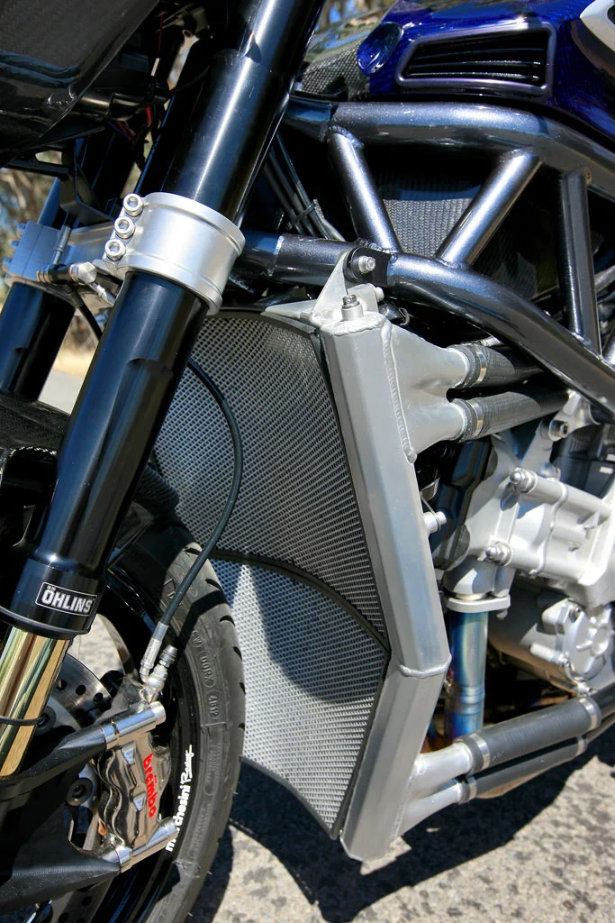 The PGM V8 motorcycle's large-capacity, curved radiator