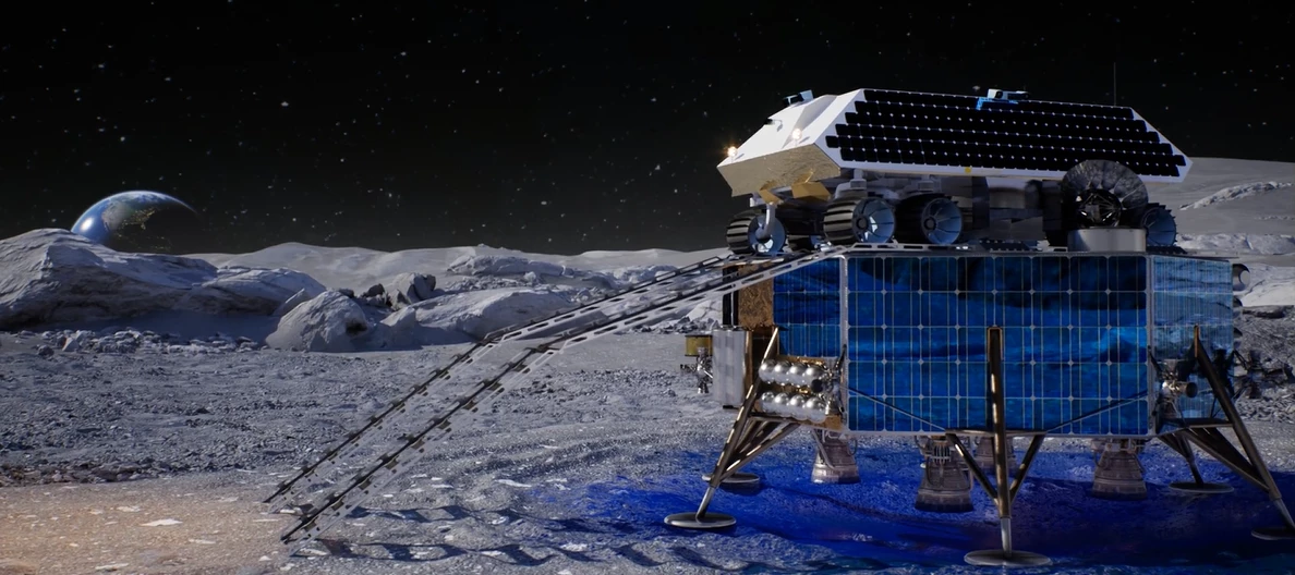 The ice-mining rover being deployed from its lander