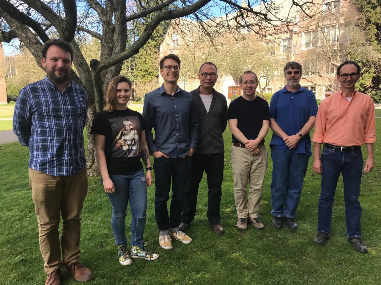 The team behind the nuclear fusion discovery at the University of Washington, from left to right, Anton Stepanov, Ellie Forbes, Elliot Claveau, Yue Zhang, Toby Weber, Brian Nelson, and Uri Shumlak