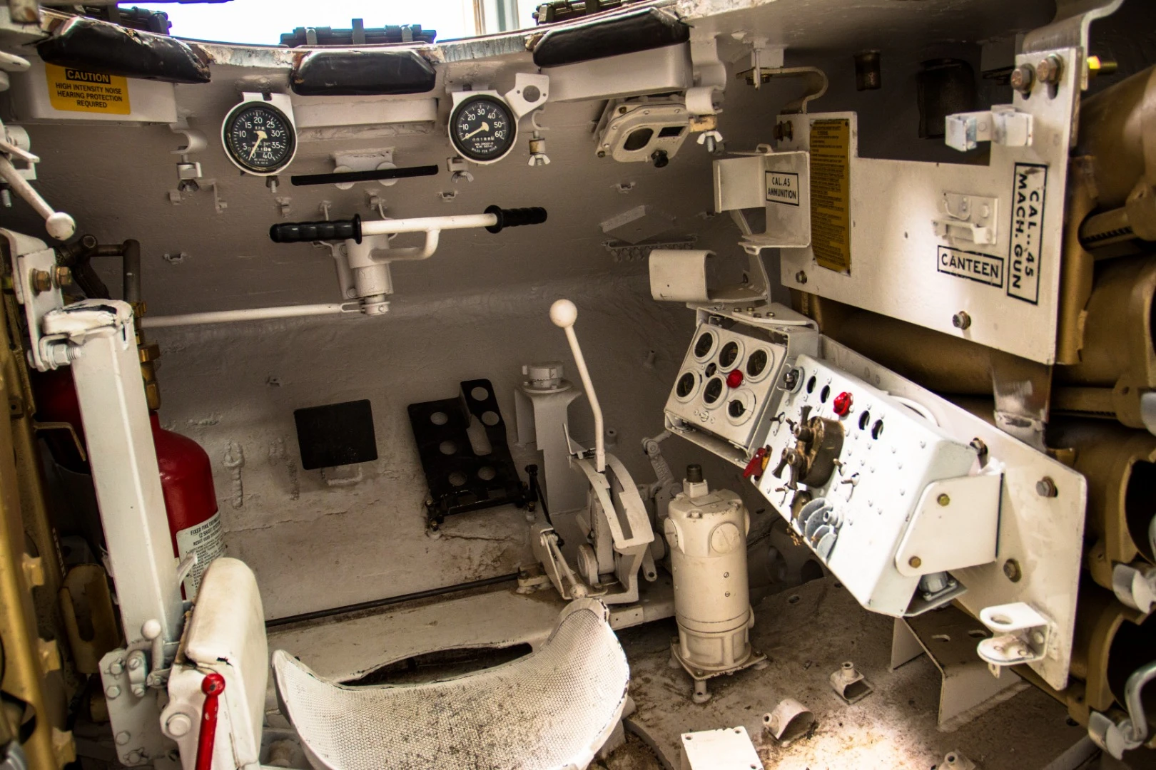 Inside the driver's cockpit of the M60A3 Patton Tank. After having sat in it, it looks more comfortable than it is