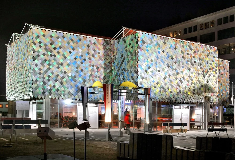 The People's Pavilion ground floor glazing is left over from a nearby refurbishment and will be later reused for a new office space once the pavilion was dismantled