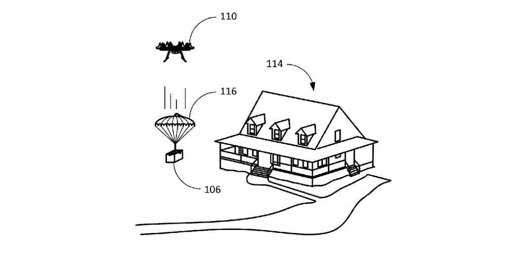 Amazon has been awarded a patent for a parachute that folds up inside a shipping label, to allow delivery drones to drop items from above