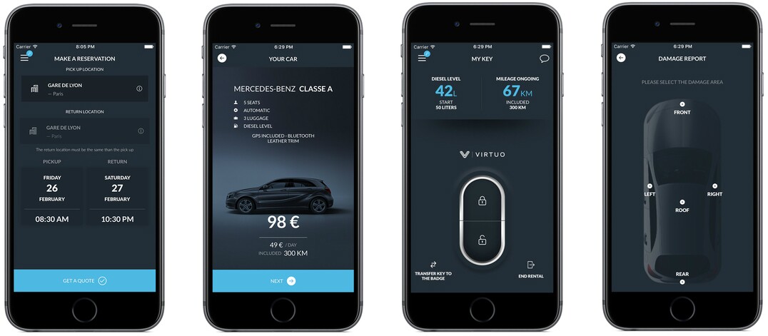 The app allows users to register with Virtuo, book a car, arrange insurance, locate the car, gain access to the car and monitor usage