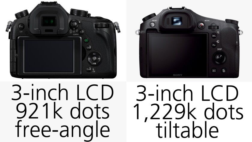 Three-inch LCDs are order-of-the-day, and this time it's the Sony RX10 which has the higher resolution screen with 1,229k dots, compared to 921k on the FZ100