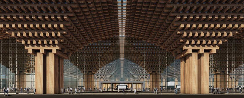 Suvarnabhumi International Passenger Terminal II's facade is defined by large wooden columns and an upside-down pyramid motif