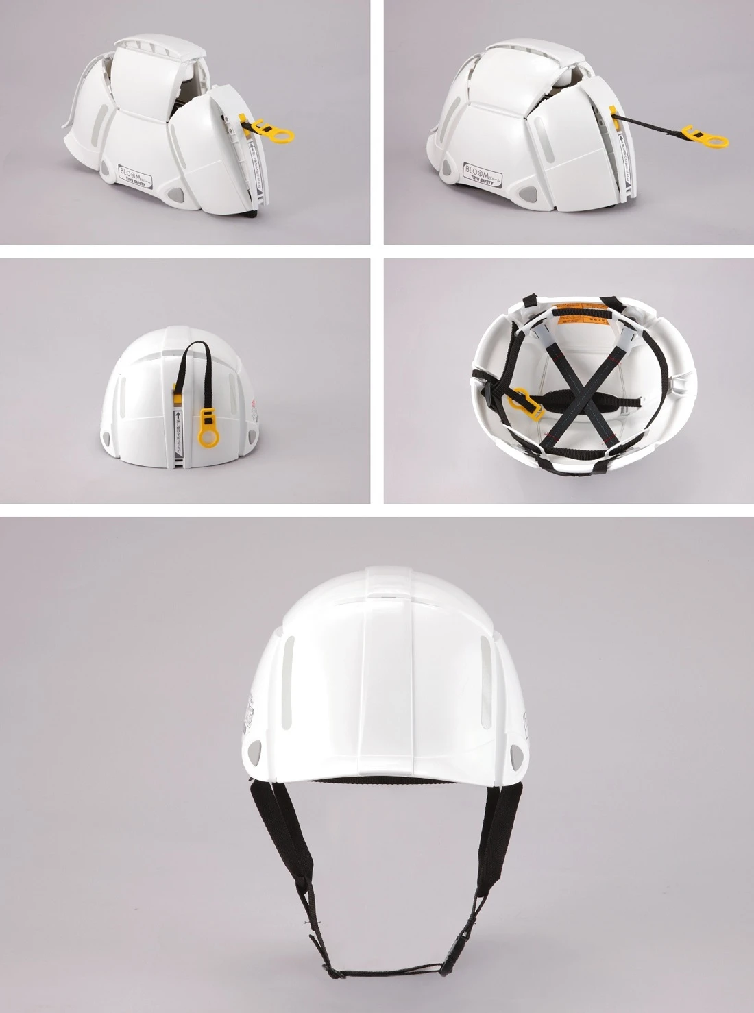 The Bloom helmet in its various stages of expansion and collapse