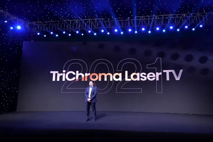 Dr. Xianrong Liu, chief scientist at Hisense Laser TV, talks up a new TriChroma Laser TV era for 2021 at the company's online CES launch event
