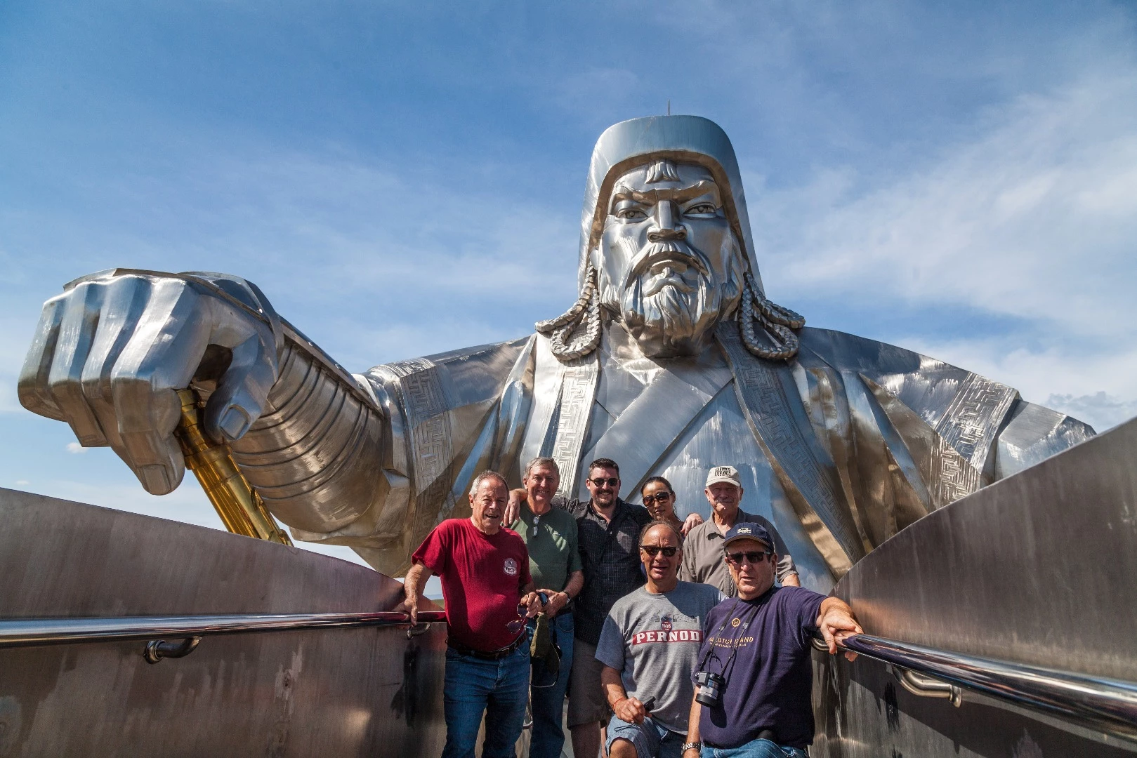 Doug Durrington, John Murphy, Loz Blain, Sain-Ugur Zagirjav, DJ Seddon, Richard Thwaites and Howard Hall at the Chinggis Khaan memorial statue complex outside Ulaanbaatar