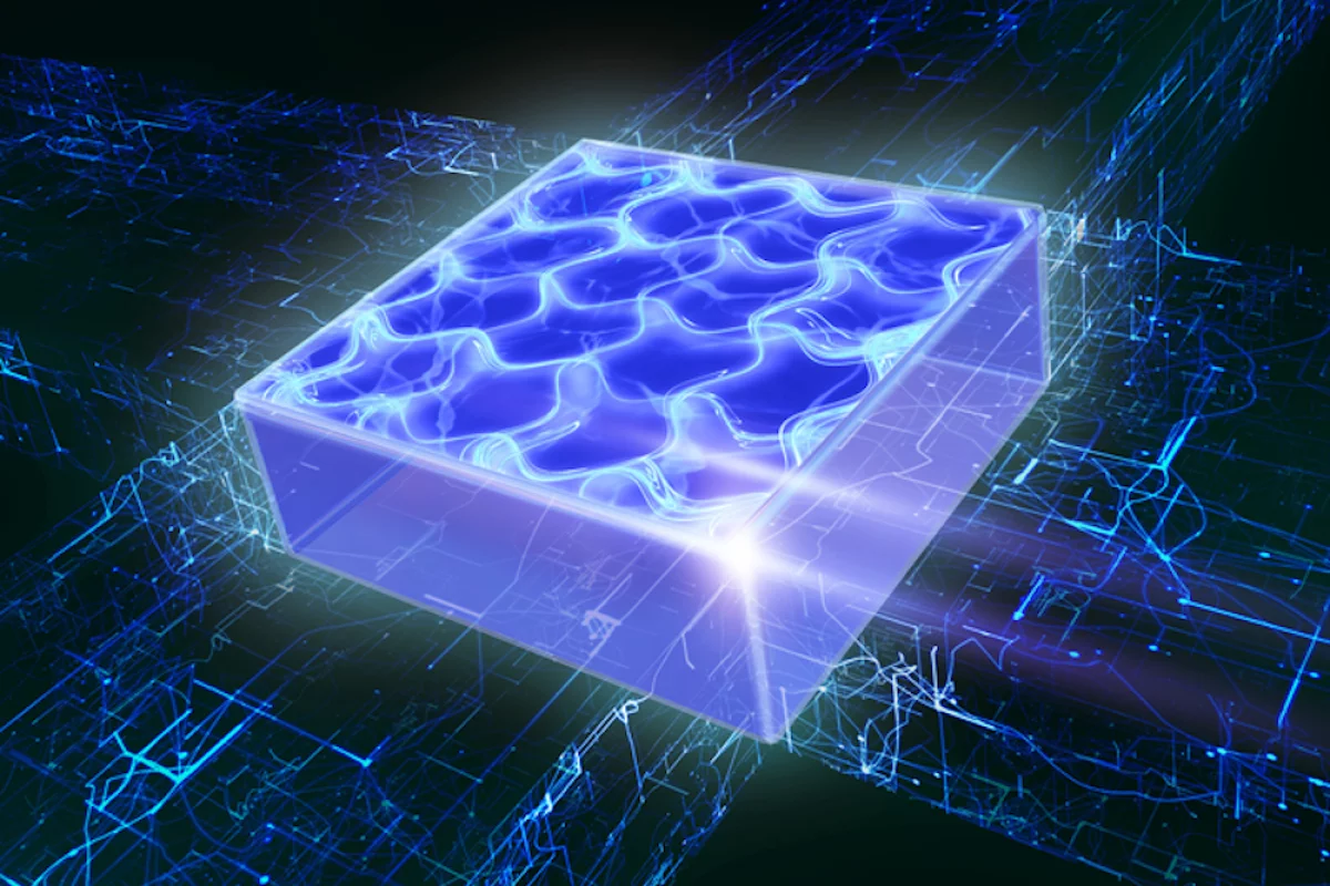 An artist's impression of a two-dimensional supersolid, where all the atoms line up in a crystalline structure like a solid but can flow freely at the same time