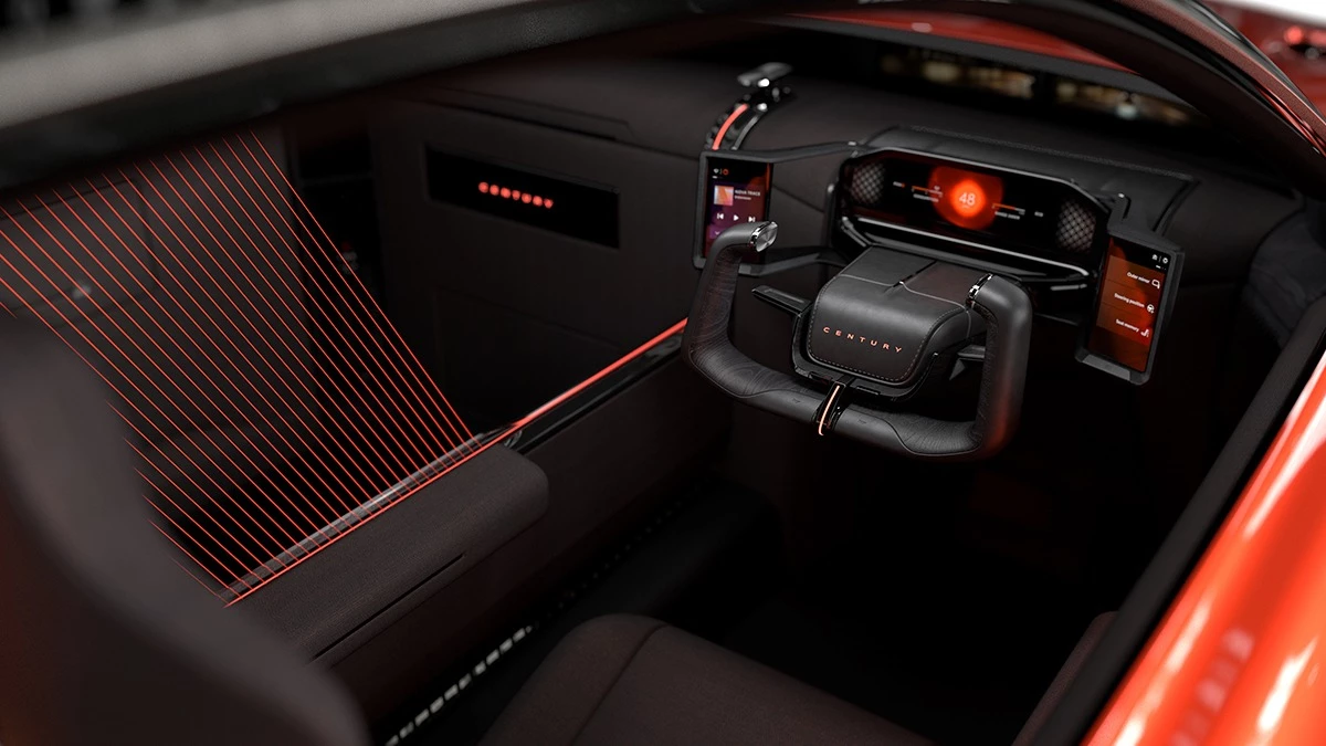 The minimal driver's cockpit features a yoke-style steering wheel, a streamlined screen layout, and futuristic mood lighting