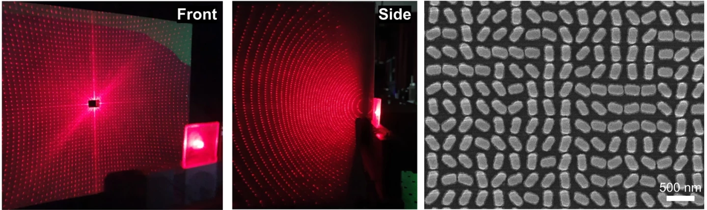 Left: front and side views of the beam diffraction pattern, showing both the loss of intensity at higher bend angles and the loss of dot point resolution as distance increases. Right: the precisely shaped nanopillar array on the metasurface itself, which can bend light nearly 90 degrees