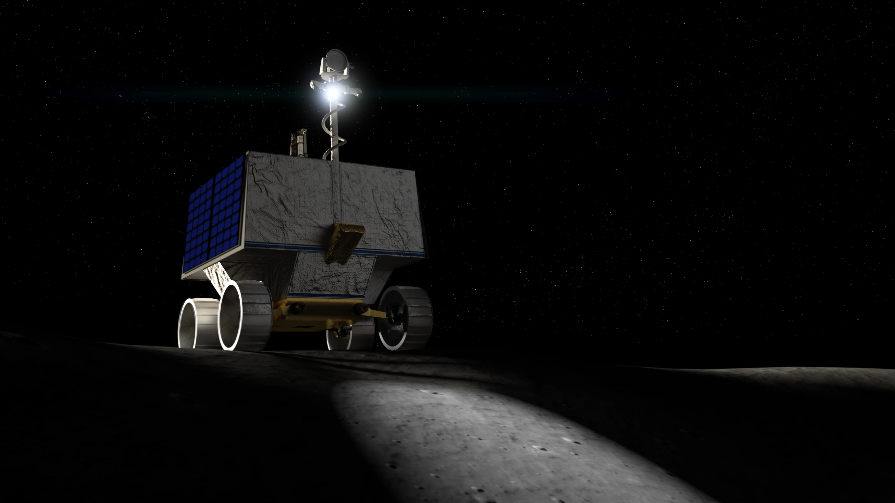 Render of the VIPER rover at work on the Moon
