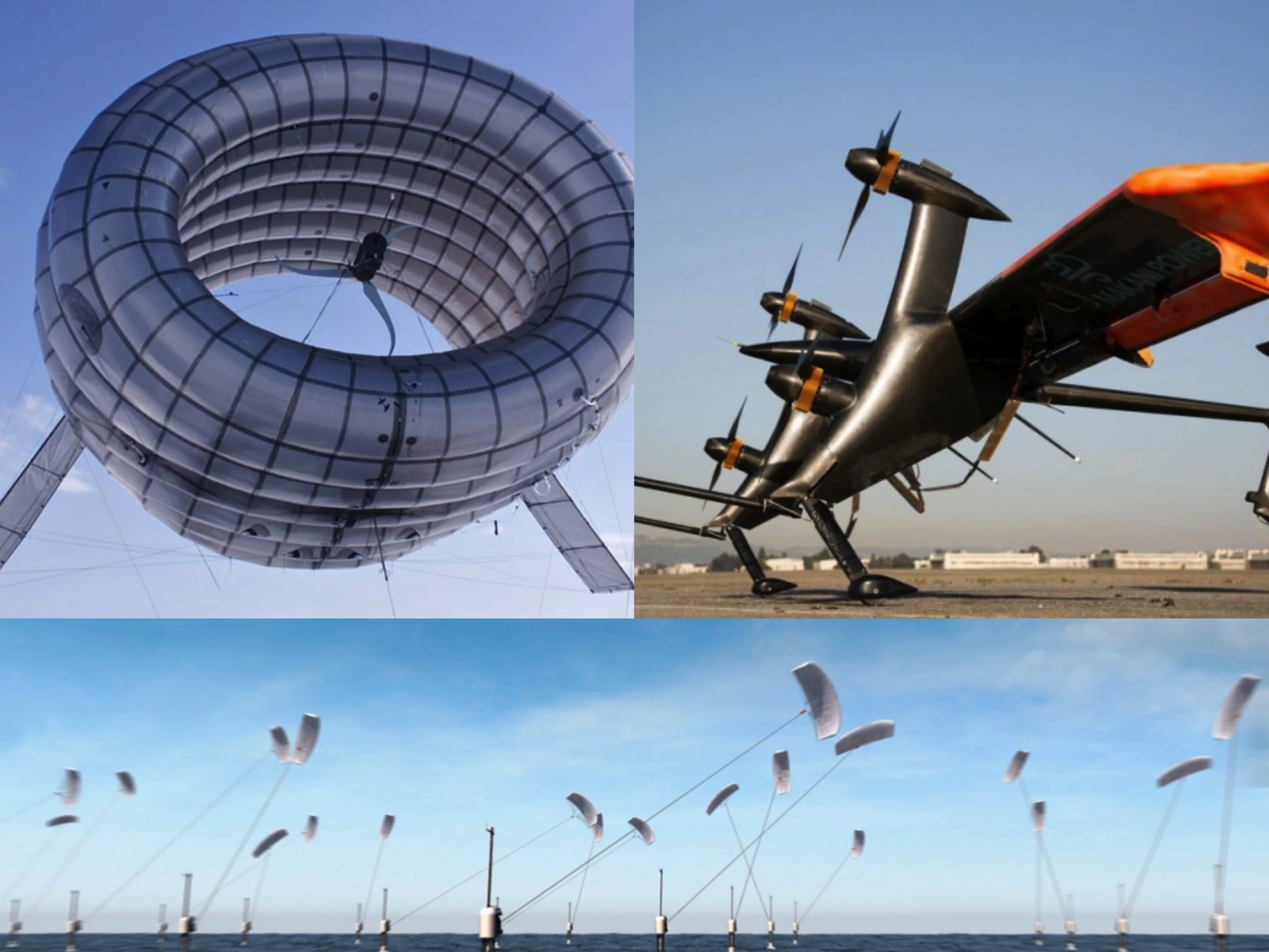 Altaeros Energies' Airborne Wind Turbine (top left), Makani Power's Wing 7 prototype Airborne Wind Turbine (top right), and Skysails' technology (bottom)