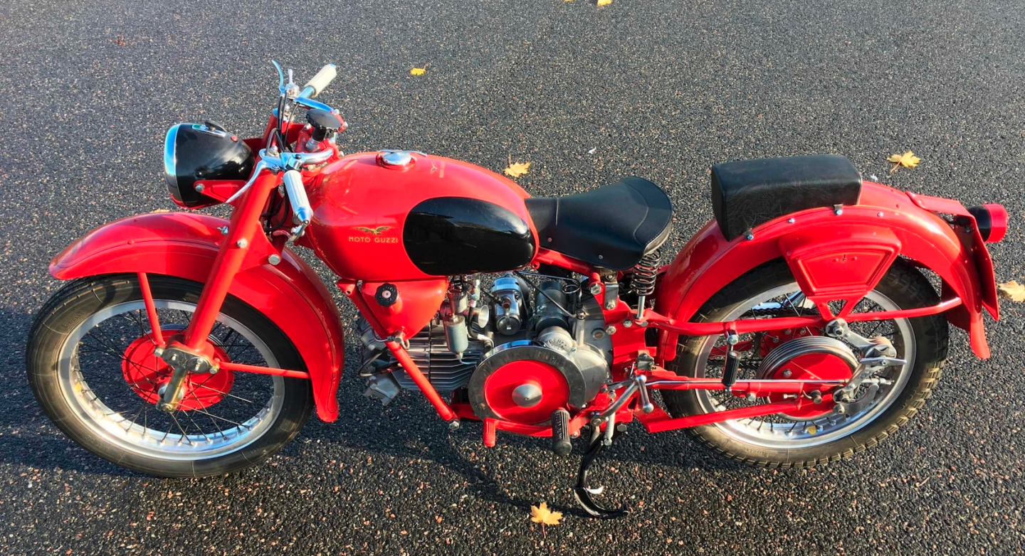 An older restoration, at $16,500 this Moto Guzzi Falcone 500cc single was Italy's very relaxed version of the 500cc single. Fabulous fun to ride, with a gentle, loping motor.