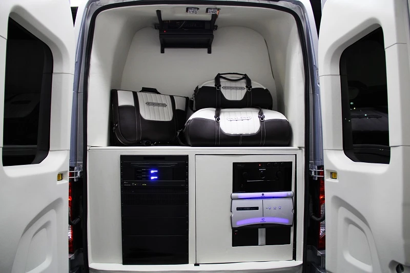 A Focal Utopia 7.2 surround sound entertainment system with custom-made speakers is included, as well as a KVH DIRECTV satellite to provide HDTV and a Kaleidescape media server ... plus luggage that matches the upholstery