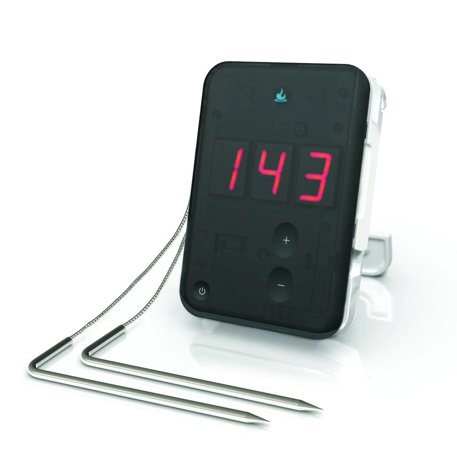 A probe is inserted into the meat and connects to the iGrill unit via a heat-resistant cable