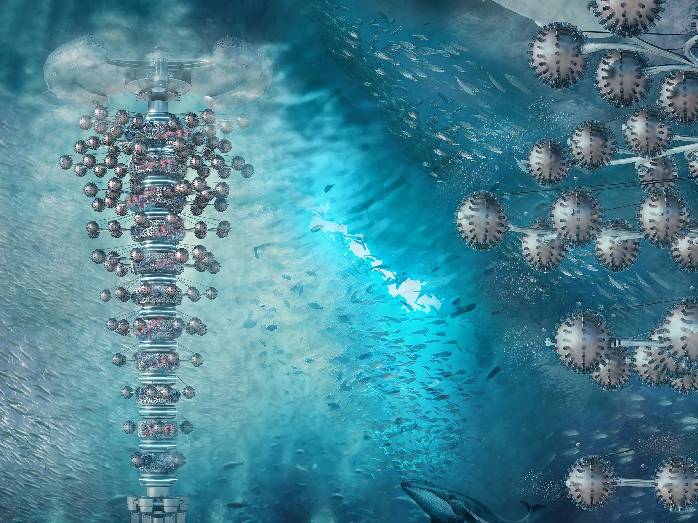 Ocean Lungs Skyscraper won third place with its idea for a huge skyscraper plunging deep beneath the ocean's surface. It would contain carbon capture technology and other filters to help clean up our oceans. The project was designed by Mohammed Noeman Coutry, AbdelRahman Mahmoud Badawy, Toka Hassan Taman, Amr Khaled Mahmoud AbdElsstar, Hend Mahmoud Hassan Rashad, Menna Tallah Mahmoud Fouad, Mohamed Mahfouz Abdelaziz Abdelwadoud, Nagwa Khaled Mohamed Mohamed, Norhan Mohammed Abdel-Hamid Abdel-monem and Omar Ahmed Salah Mohamed