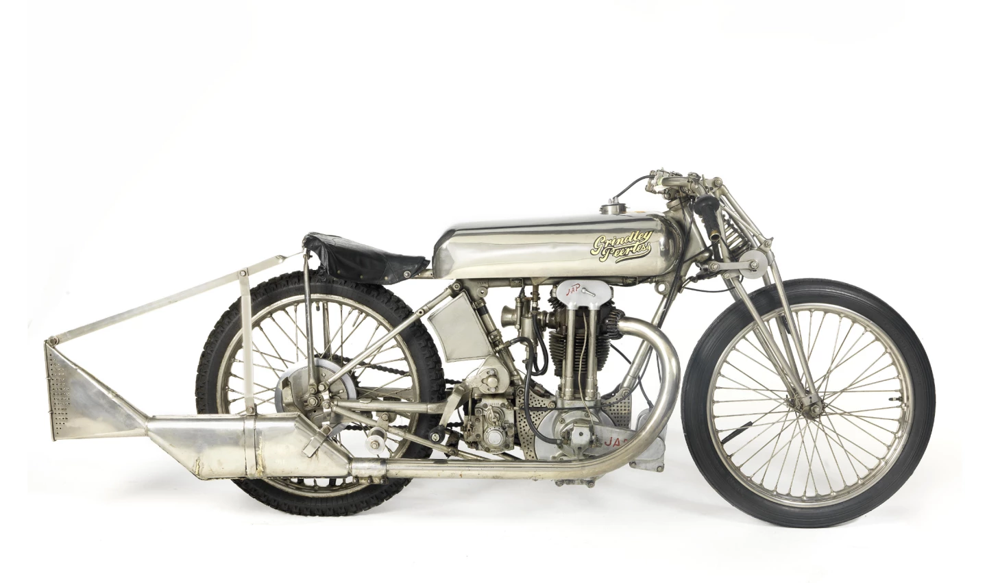 When C W G 'Bill' Lacey became the first man to cover 100 miles in an hour on British soil in August 1928, riding a Grindlay-Peerless, the Coventry factory produced a replica of his machine - the Brooklands 'Hundred Model'. Only a few were produced and only two survive: the one first owned by Brooklands and Manx Grand Prix competitor J D Potts (sold by Bonhams at Stafford in April 2001 for GBP£12,650) and this bike, which belonged to prominent VMCC member, the late Edmond Joseph 'Boy' Tubb, who won his Brooklands 'Gold Star' aboard the Grindlay. This bike is of exceptional historic interest and importance, as can be seen from the Bonhams press release. It sold for GBP£67,580 ($108,165) at the same sale eleven years later, indicating the growth in prices in the collectible motorcycle area.