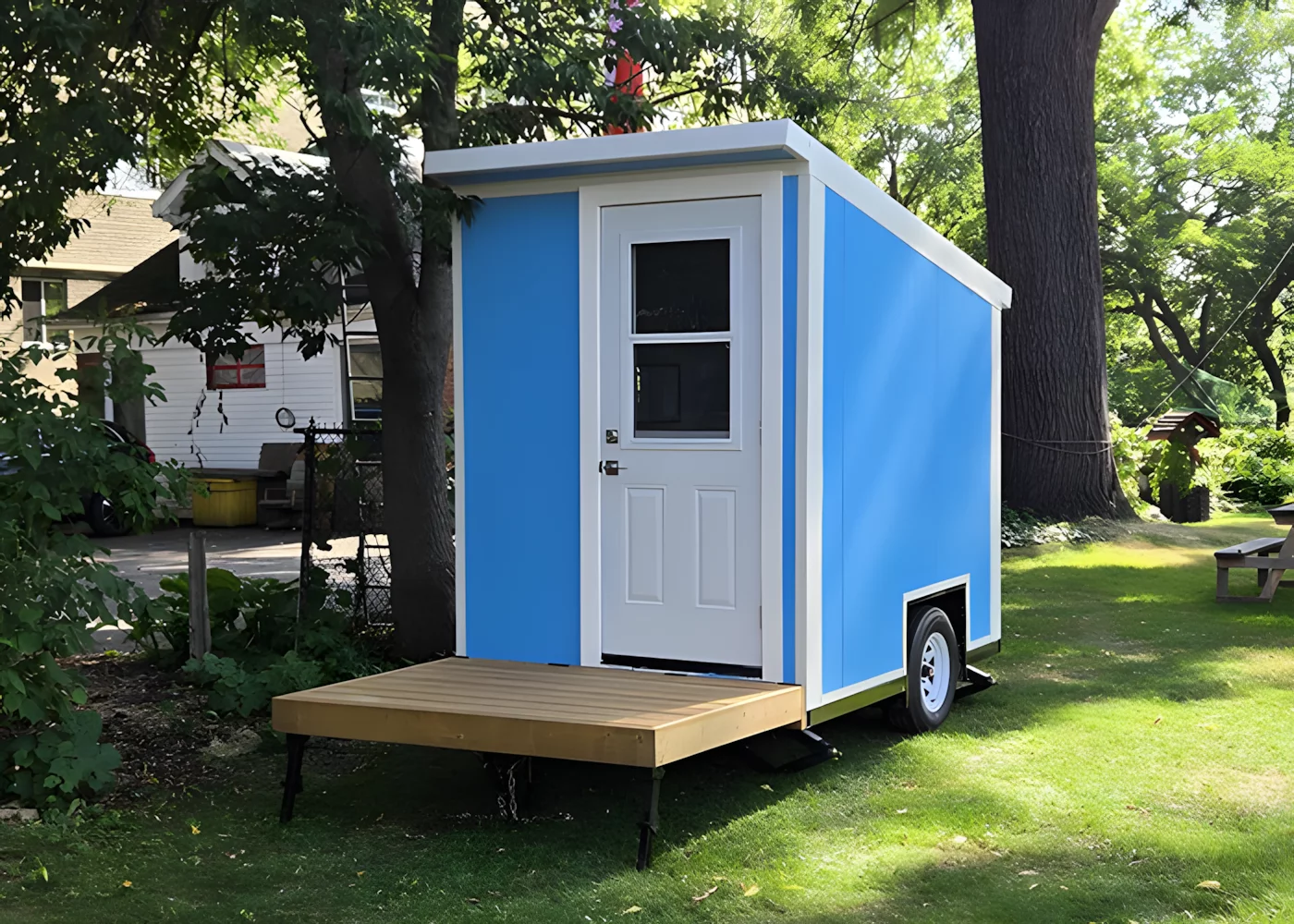 A small folding deck provides an entrance to the tiny house