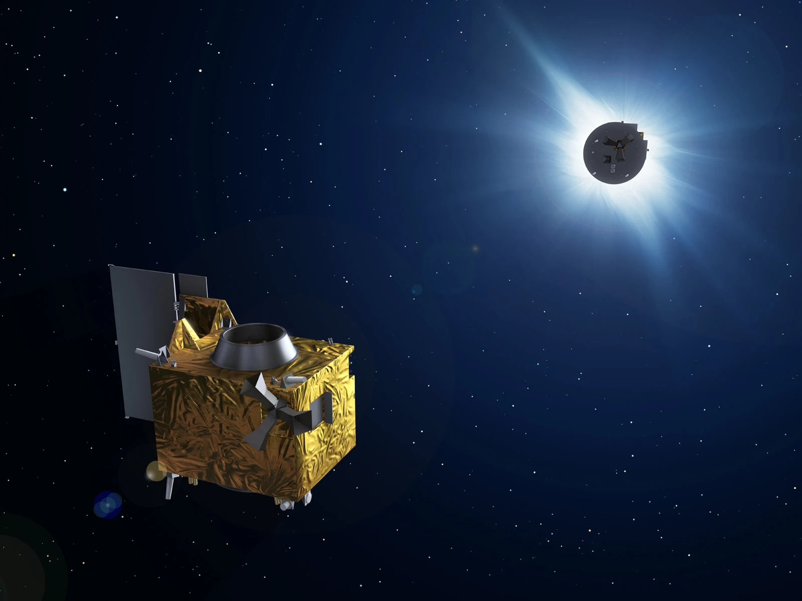 Proba-3 satellites with the leading one forming an artificial eclipse of the Sun