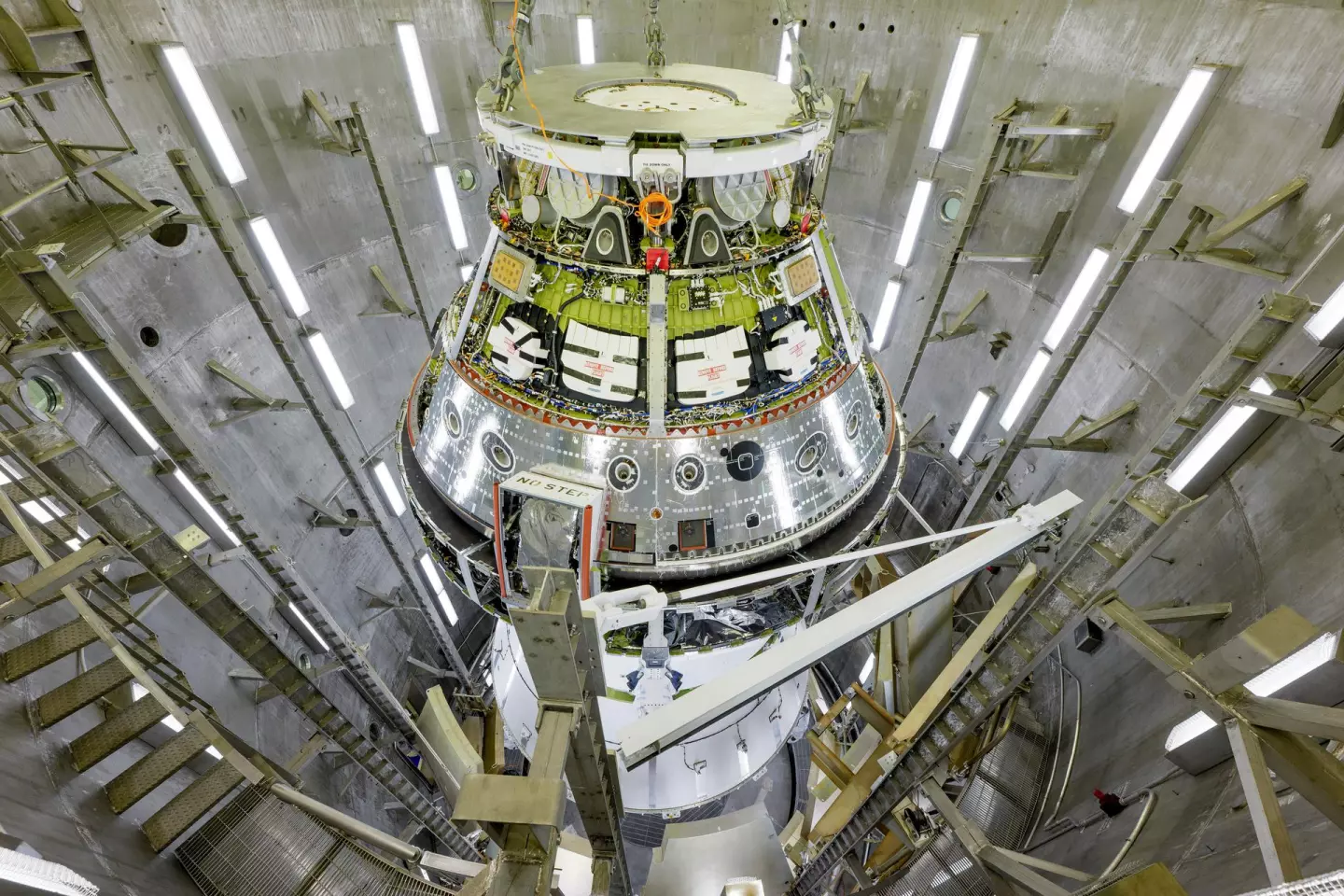 The Orion spacecraft being stacked atop the SLS rocket